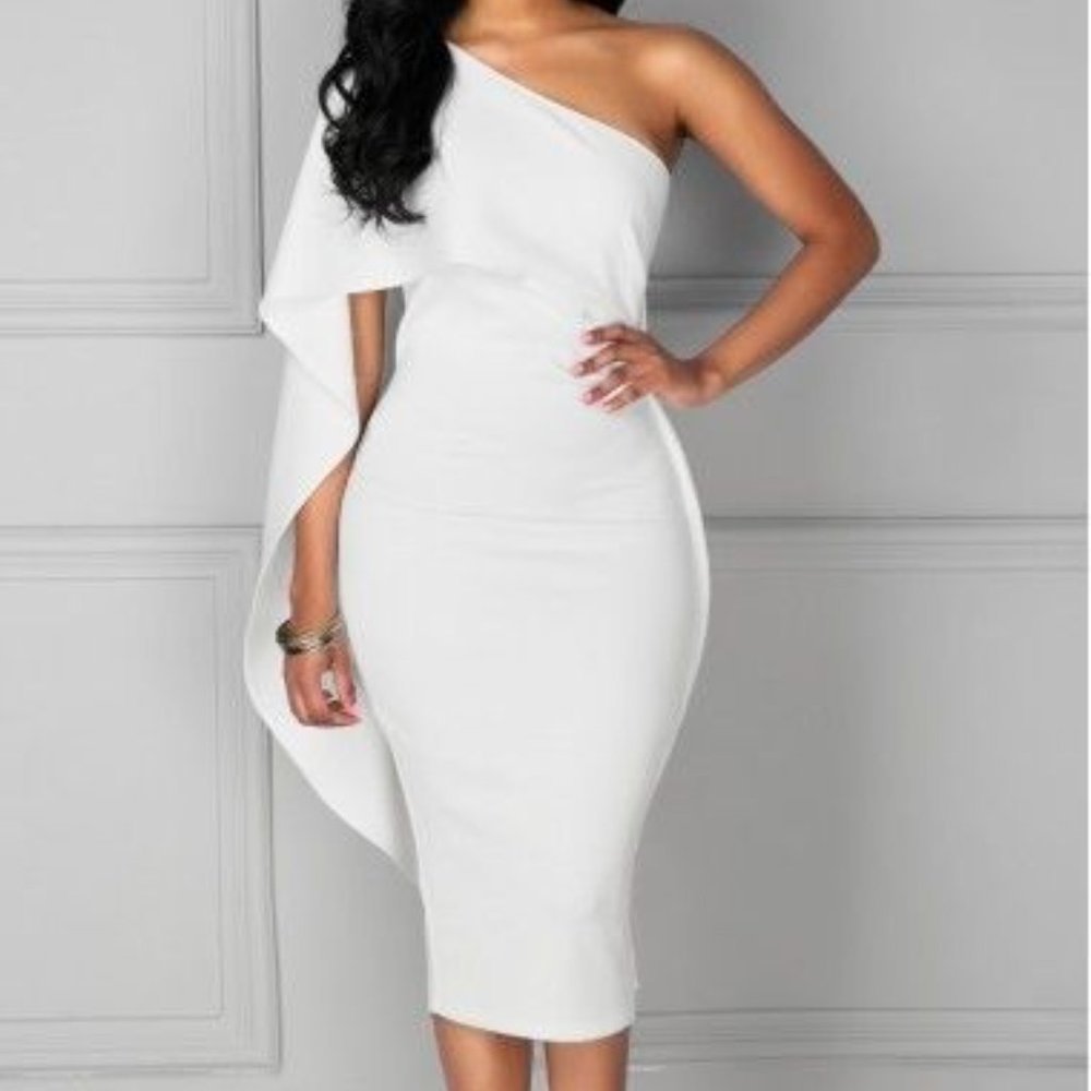 Midi Length White One Shoulder Dress